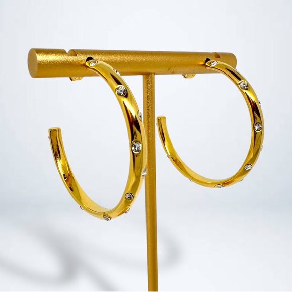 18k Gold Stainless Steel Anti-Tarnish Luxury Hoop Earrings w/ CZ Crystal Inlay - Picture 9 of 14